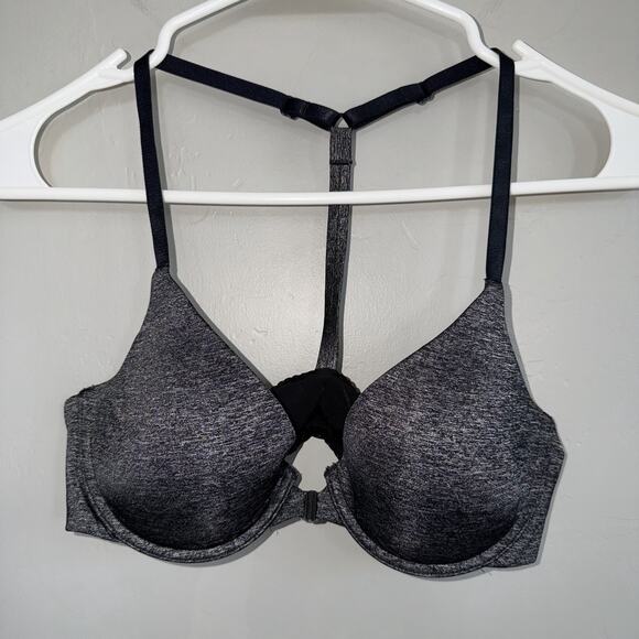 Victoria's Secret Racerback Semi Demi Bra 34B Black Gray Front Clasp - Picture 1 of 5